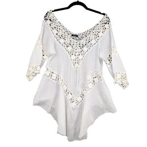 Vivid Importers Coastal White Crochet Gauze Top Shirt Blouse Womens Large Boho